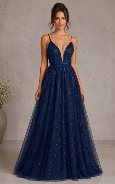 A-Line Sequin Prom Dress with V-neck, Sleeveless and Sequins, Floor Length