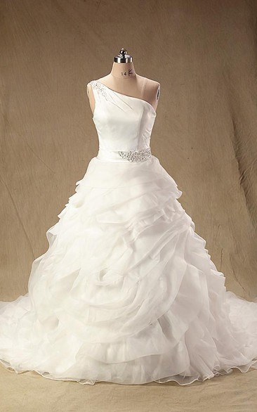 A-Line Maxi One-Shoulder Straps Sleeveless Bell Ruffles Zipper Straps Lace Organza Dress