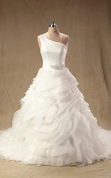 A-Line Maxi One-Shoulder Straps Sleeveless Bell Ruffles Zipper Straps Lace Organza Dress