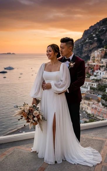 Plus Size Square Neck Long Sleeve Wedding Dress with Chiffon Skirt and Front Split