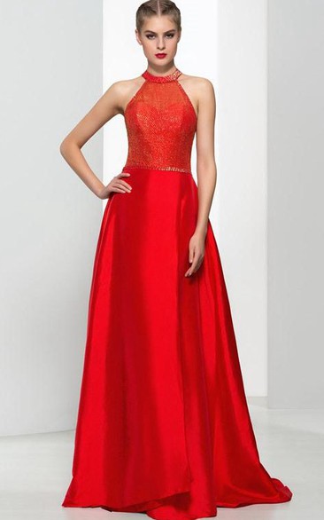 A-Line Halter Beading Sequins Long Prom Dress