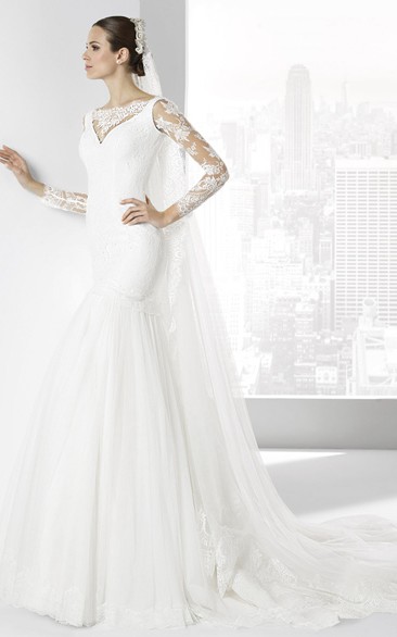 Mermaid Bateau-Neck Long-Sleeve Lace Wedding Dress With Illusion