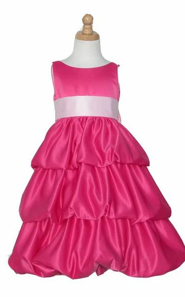 Tiered Sleeveless Satin Flower Girl Dress