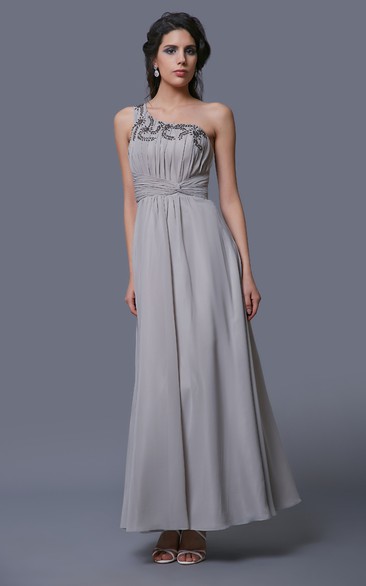 One-Shoulder A-Line Chiffon Dress With Pleats and Rhinestones