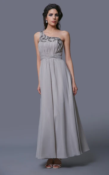 One-Shoulder A-Line Chiffon Dress With Pleats and Rhinestones