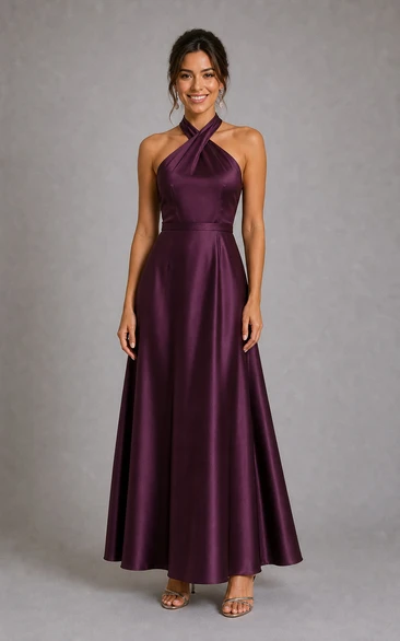 Plum Halter Satin Floor-Length A-Line Dress with Tie Back