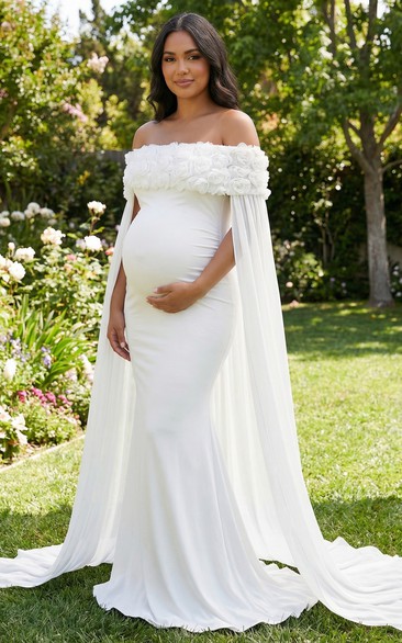 Off Shoulder Flower Cape Maternity Wedding Dress with Sleek Mermaid Skirt