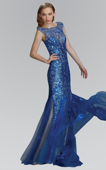 Sheath Floor-Length Bateau Cap-Sleeve Sequins Tulle Dress With Beading