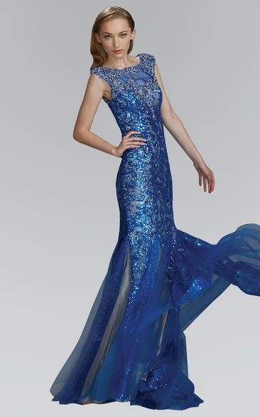 Sheath Floor-Length Bateau Cap-Sleeve Sequins Tulle Dress With Beading
