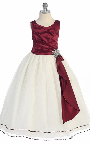 Broach Tea-Length Pleated Satin Flower Girl Dress With Ruffles