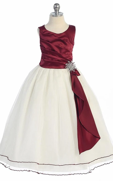 Broach Tea-Length Pleated Satin Flower Girl Dress With Ruffles