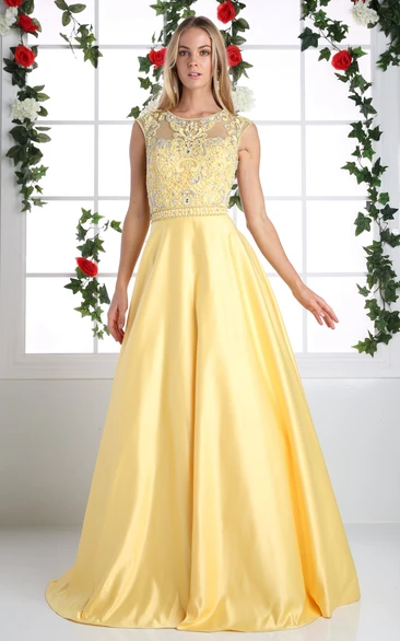 A-Line Maxi Scoop-Neck Cap-Sleeve Satin Keyhole Dress With Beading