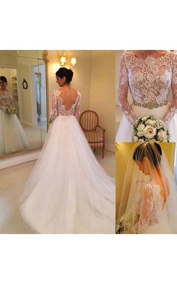 Elegant Illusion Long Sleeve Tulle Wedding Dress With Lace Beadings