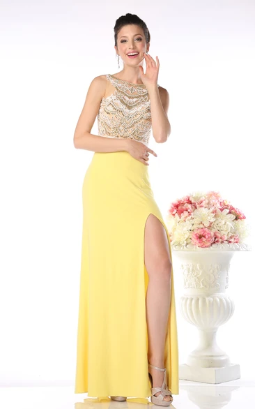 Sheath Maxi Bateau Sleeveless Jersey Deep-V Back Dress With Beading And Split Front