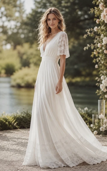 Casual V-neck Half-sleeve Godness Chiffon Pleated Lace Wedding Dress