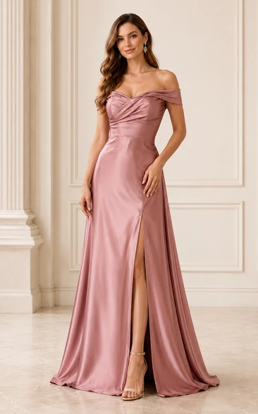Vestido formal de satén color rosa empolvado con escote Bardot y corte en A, abertura lateral alta.