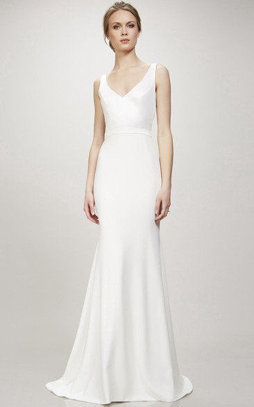 Long V-Neck Simple Wedding Dress With Sweep Train And V Back