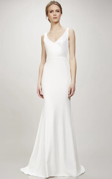 Long V-Neck Simple Wedding Dress With Sweep Train And V Back