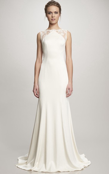 A-Line Sleeveless Floor-Length Lace Satin Wedding Dress With Illusion Back And Sweep Train