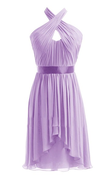 Asymmetrical Halter Chiffon A-line Dress With Satin Band