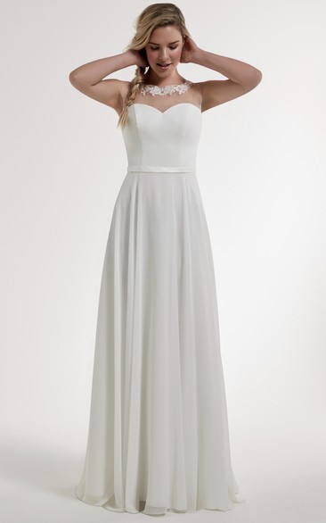A-Line Scoop Appliqued Sleeveless Floor-Length Satin Wedding Dress With Illusion Back And Sweep Train