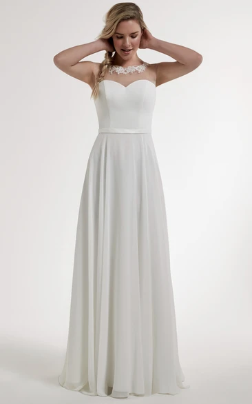 A-Line Scoop Appliqued Sleeveless Floor-Length Satin Wedding Dress With Illusion Back And Sweep Train