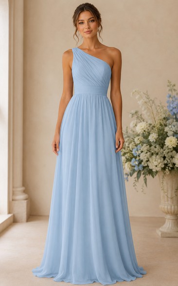 Sky Blue One-Shoulder A-Line Chiffon Bridesmaid Dress