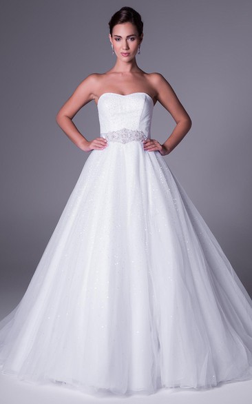 Ball Gown Strapless Sleeveless Beaded Floor-Length Tulle Wedding Dress With Waist Jewellery