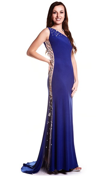 Sheath Long One-Shoulder Sleeveless Beaded Jersey Prom Dress With Low-V Back And Brush Train