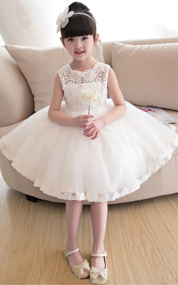 Short Lace and Tulle Sleeveless Flower Girl Dress with Bow