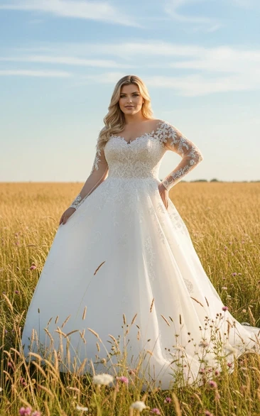 Plus Size Long Sleeve V-Neck A-Line Tulle Wedding Dress with Lace