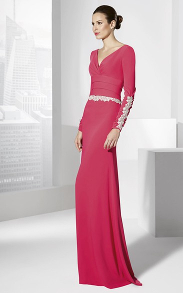 Sheath Long V-Neck Long-Sleeve Jersey Prom Dress