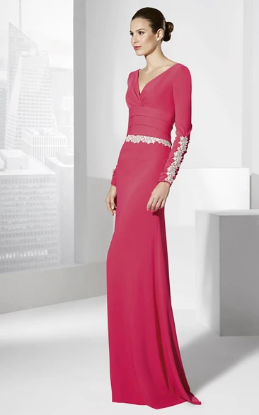 Sheath Long V-Neck Long-Sleeve Jersey Prom Dress