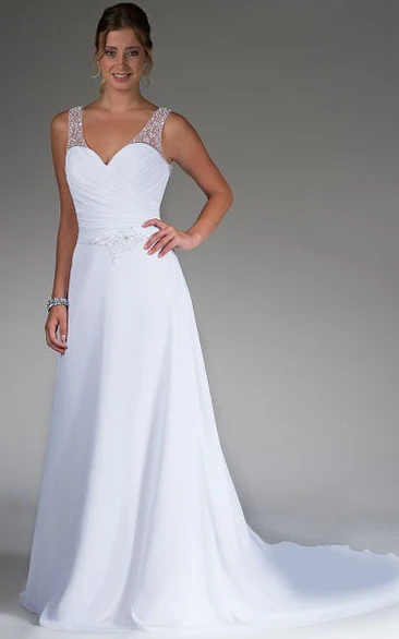 V Neck Pearl Straps A-Line Bridal Gown With Illusion Back