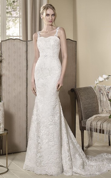 Sheath Sleeveless Appliqued Floor-Length Strapped Lace Wedding Dress With Beading