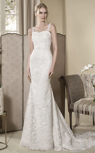 Sheath Sleeveless Appliqued Floor-Length Strapped Lace Wedding Dress With Beading