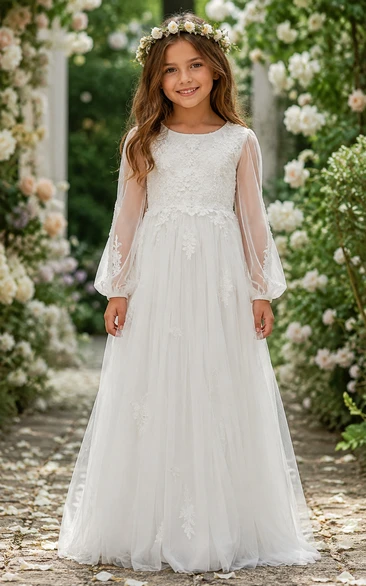 White Boho Long Sleeve A-Line Lace Flower Girl Dress with Appliques, Ruffles