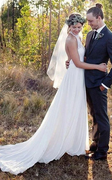 Jewel-neck Lace Backless Chiffon Empire Casual Wedding Dress