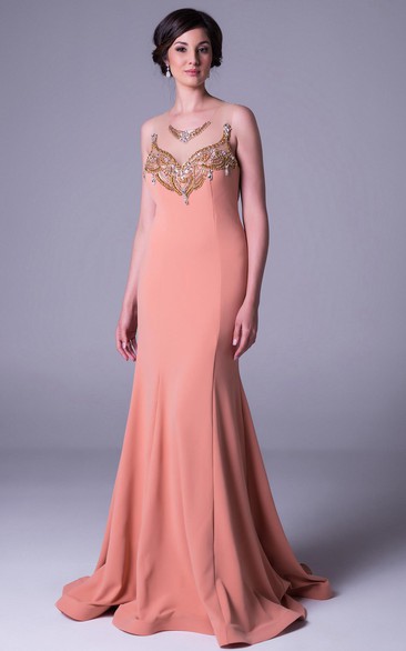 Sheath Sleeveless Beaded Long Scoop-Neck Jersey Prom Dress