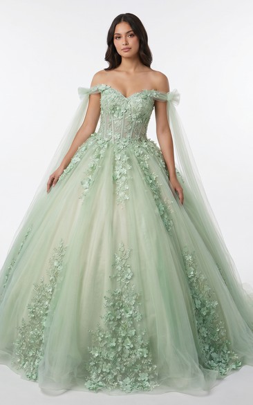 Sage Green Quinceanera Ball Gown Off Shoulder 3D Floral Applique Tulle Dress