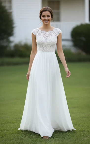 Classic Cap Sleeve Lace Wedding Dress - Illusion Neckline A-Line Chiffon Bridal Gown