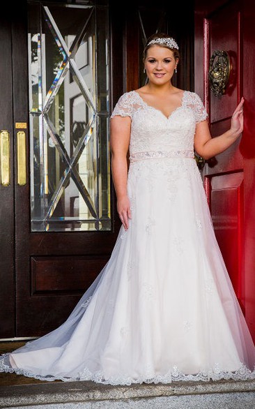 Lace Top Short Sleeve A-Line Tulle Gown With Crystal Sash