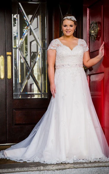 Lace Top Short Sleeve A-Line Tulle Gown With Crystal Sash