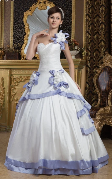 One-Shoulder Criss-Cross Draping and Ball-Gown With Flower