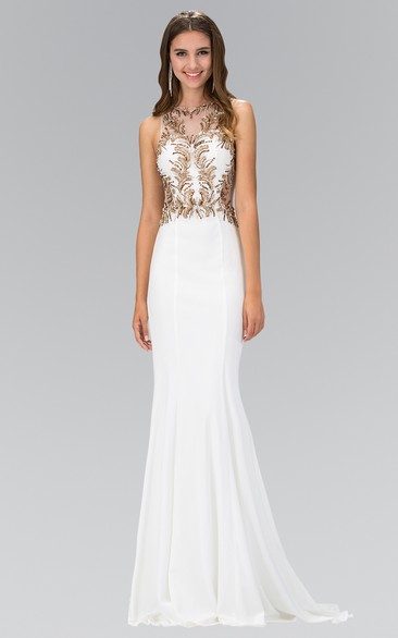 Sheath Jewel-Neck Sleeveless Jersey Illusion Dress With Beading