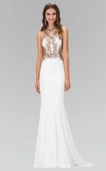 Sheath Jewel-Neck Sleeveless Jersey Illusion Dress With Beading