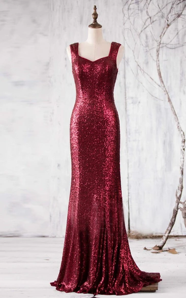 Allover Sequined Sheath Floor Length Dress With Square Back