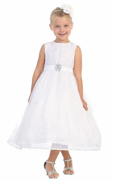 Tea-Length Natural Beaded Tulle&Satin Flower Girl Dress With Broach