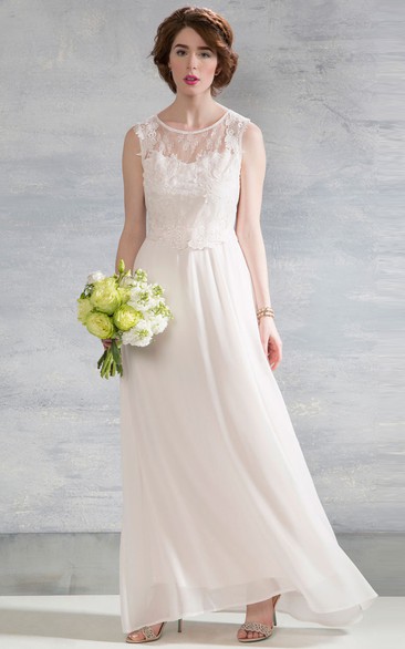 Scoop-Neck Sleeveless Chiffon Wedding Dress With Illusion