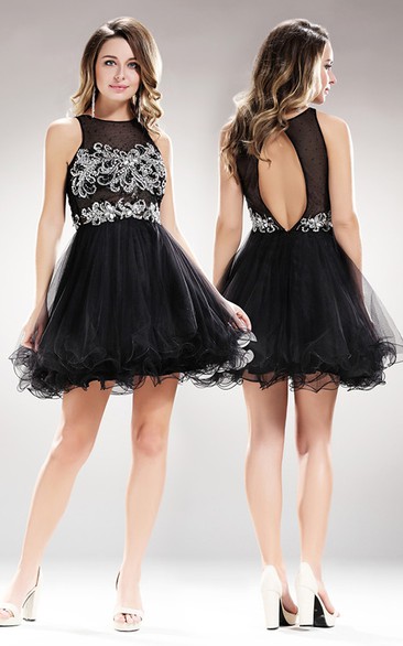 A-Line Jewel-Neck Sleeveless Tulle Keyhole Dress With Beading And Ruffles